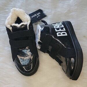 BEBE Girl's Black Sparkle Faux Patent Faux Fur Hi Top Y2K Adjust Strap Sneaker 8